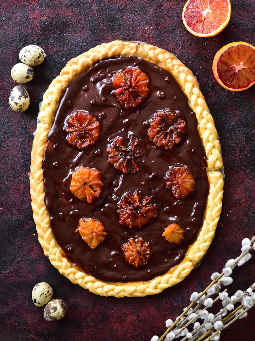 Choclate orange mazurek topped with orange slices.