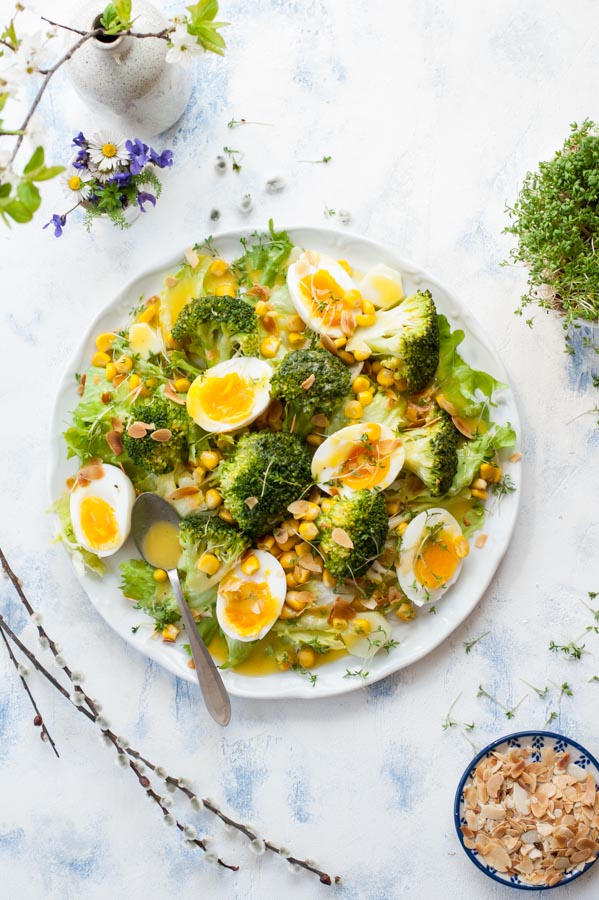 Broccoli egg salad with corn and honey mustard dressing