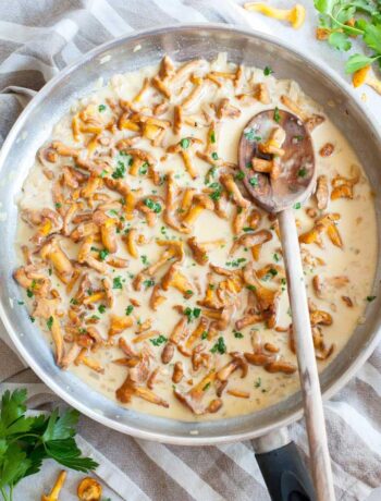 Chanterelle mushroom sauce in a frying pan.