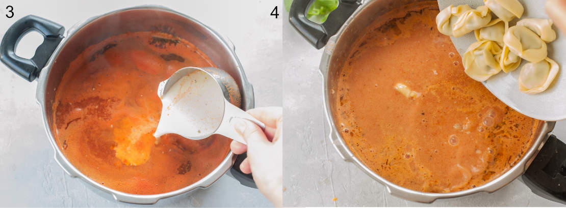 Cream is being added to a tomato soup. Tortellini are being added to a tomato soup.