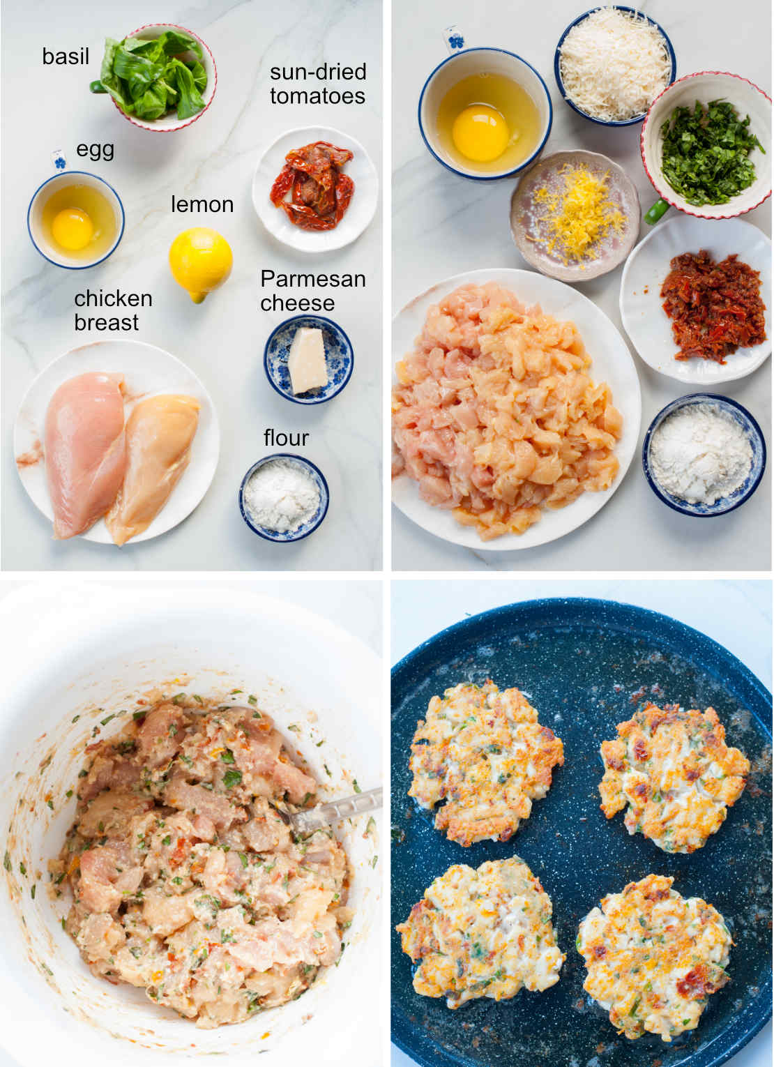 Italian-inspired chicken fritters ingredients and preparation steps.