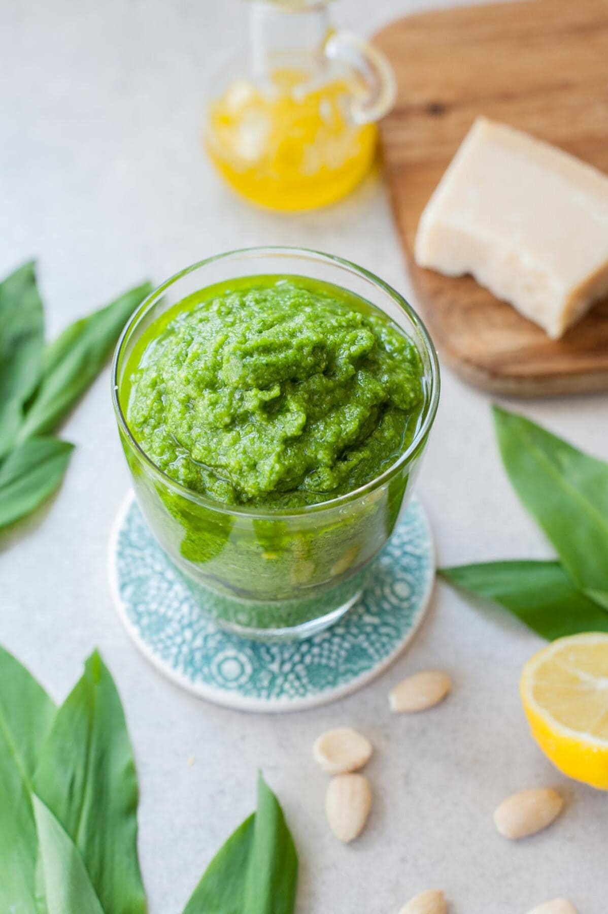 Close up picture of wild garlic pesto (ramp pesto) in a glass.