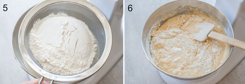 The flour is being sifted into the bowl and mixed with the banana bread batter.