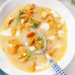 Chanterelle mushroom soup in a white bowl.