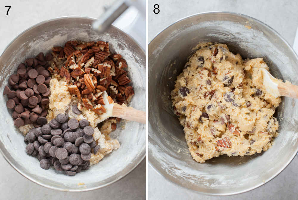 Chocolate and nuts with cookie batter in a bowl. Chocolate chip pecan cookie batter in a metal bowl.