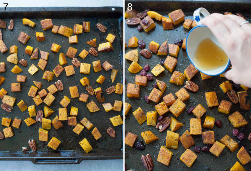 Lemon juice and honey are being poured over roasted butternut squash with pecans.