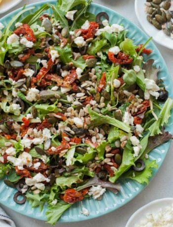 Sun-dried tomato salad on a green plate.