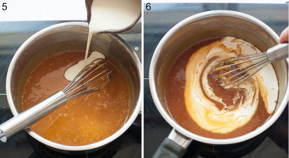 Cream is being added to caramel sauce.