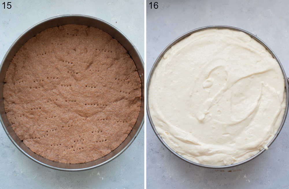 Baked cocoa crust in a springform pan. Cheesecake filling in a springform pan.