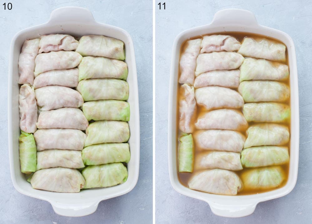 Stuffed cabbage rolls in a casserole dish.