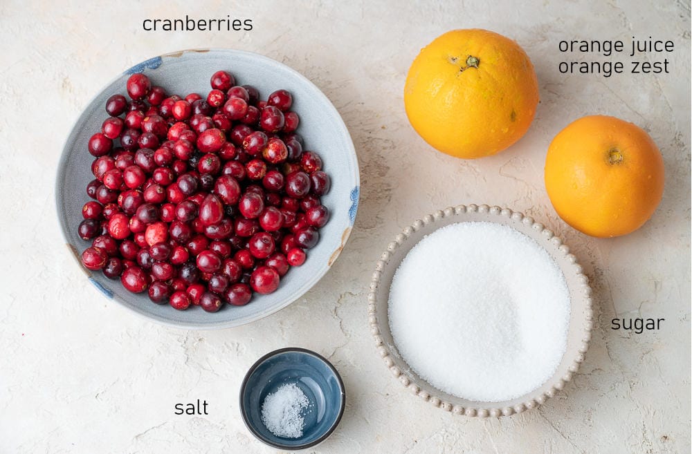 Labeled ingredients for cranberry orange sauce.