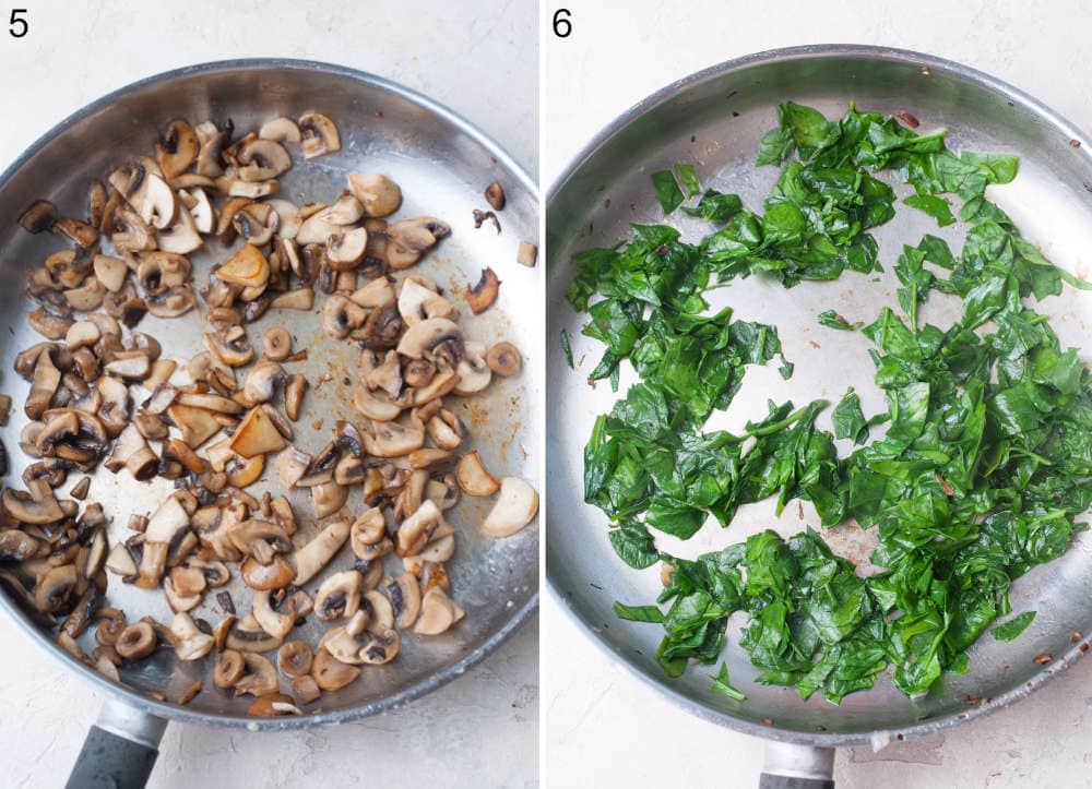 Sauteed mushrooms and sauteed spinach in a pan.