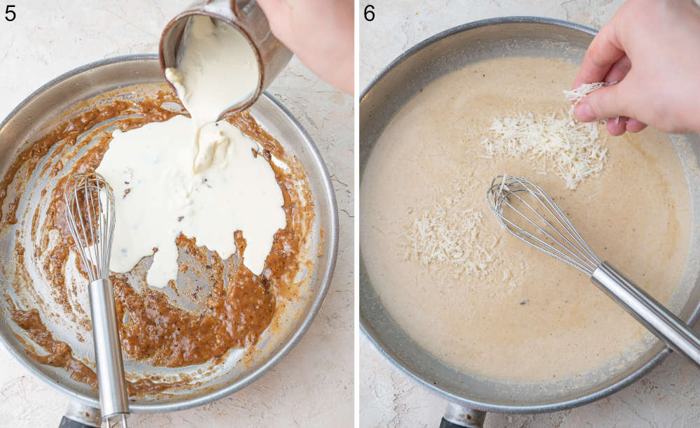 Cream is being added to the pan. Parmesan is being added to a sauce in a pan.