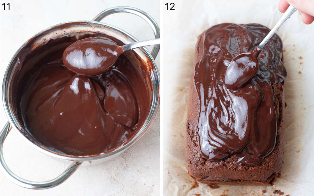 Chocolate ganache in a pot. Gingerbread loaf is being glazed with chocolate ganache.