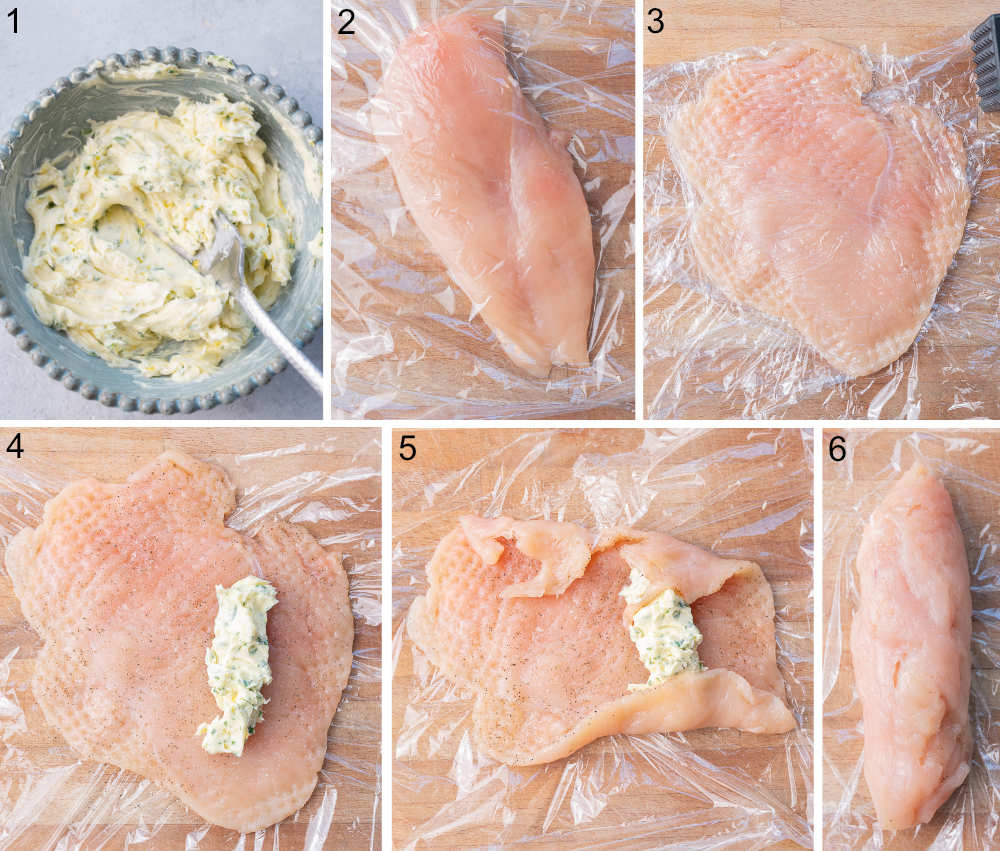 A collage of 6 photos showing how to prepare chicken cutlets for chicken Kyiv.