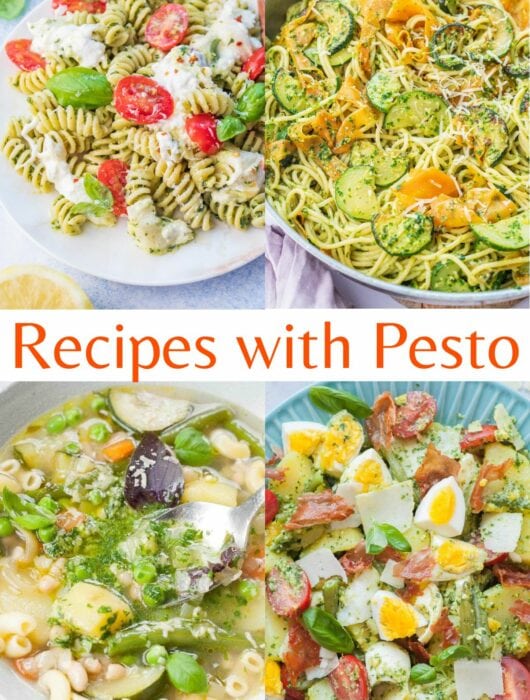 A collage of 4 photos showing dishes with pesto.