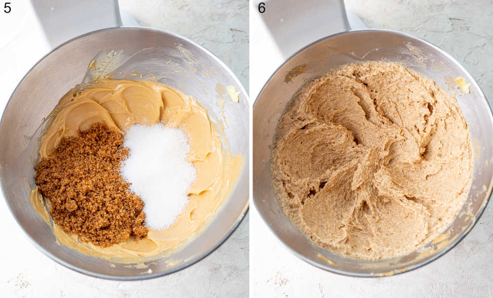 Sugar, peanut butter, and butter in a bowl.