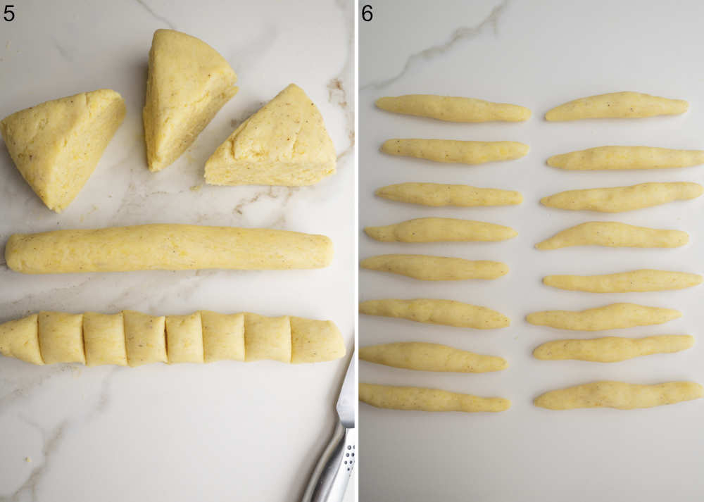 Different steps showing how to shape Schupfnudeln.
