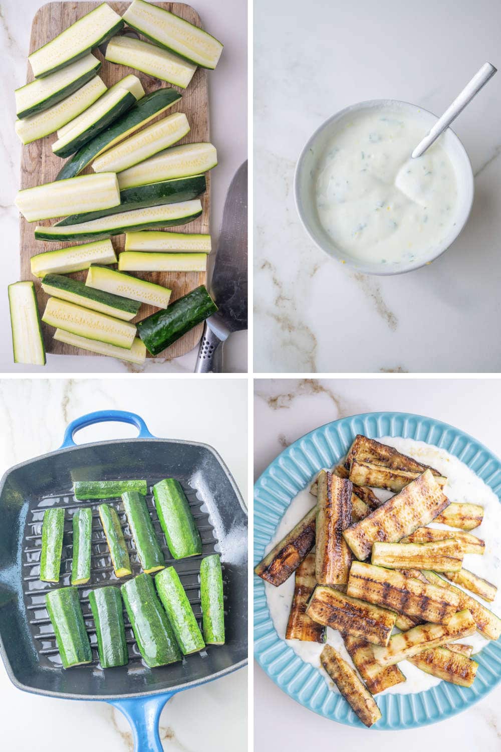 A collage of 4 photos showing how to prepare grilled zucchini with yogurt and toppings.