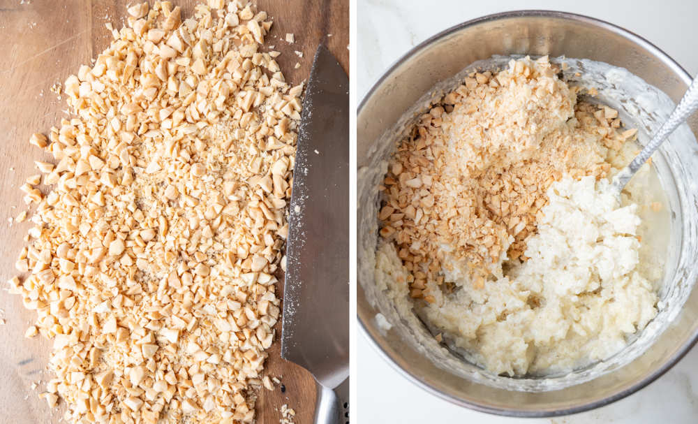 Chopped almonds on a wooden board. Chopped almonds and risalamande in a pot.