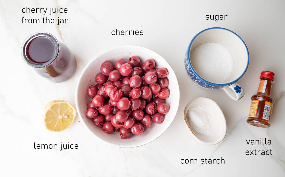 Labeled ingredients for cherry sauce.
