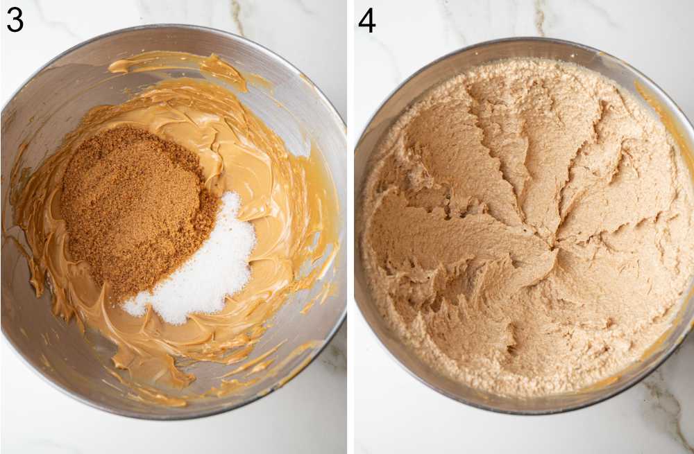 Brown sugar and white sugar are added to the creamed Biscoff-butter mixture and beaten until light and fluffy.