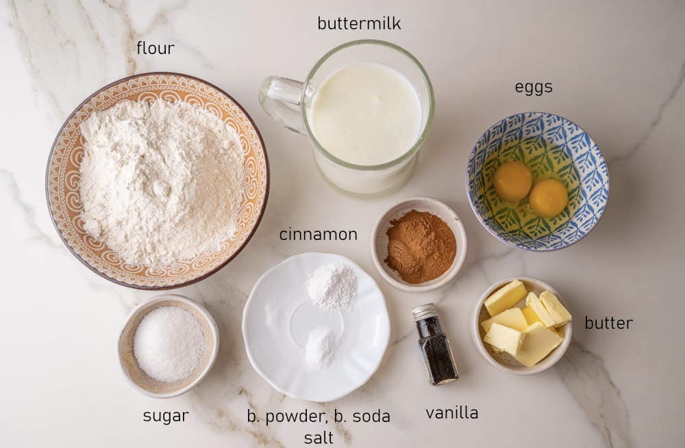 Labeled ingredients for cinnamon pancakes.