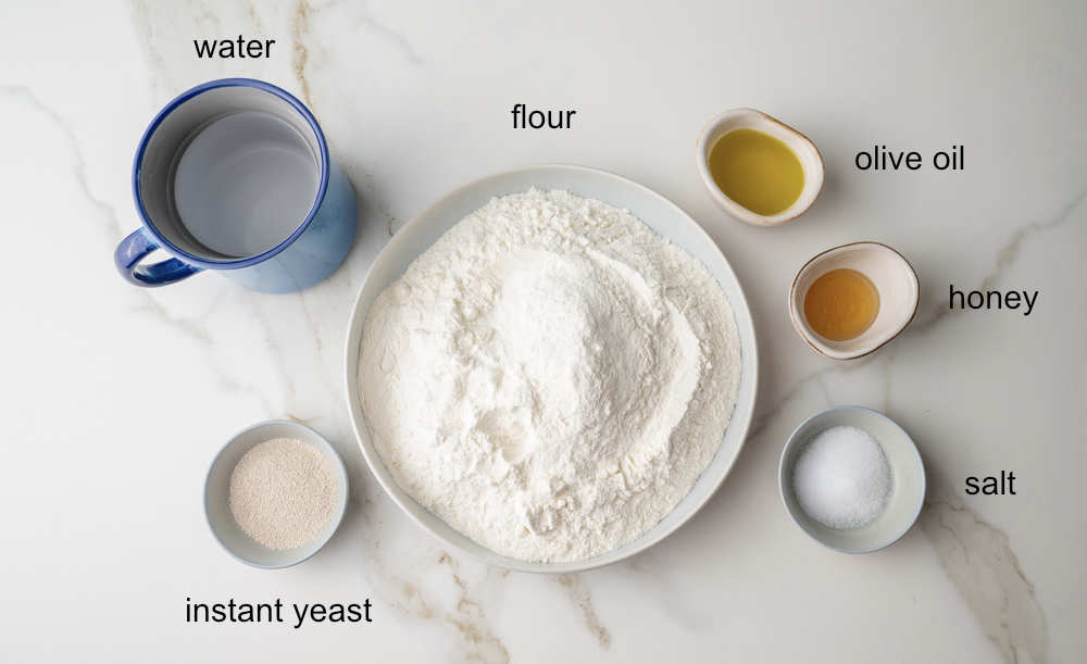 Labeled ingredients for Brötchen bread rolls.
