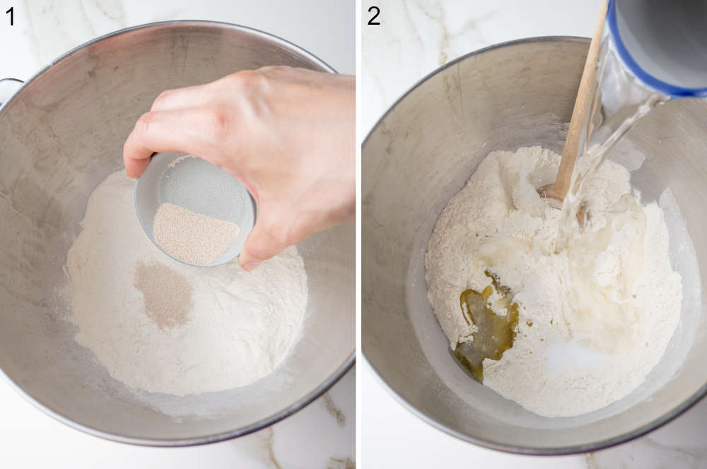 Yeast is being added to a bowl with flour. Water is being added to bread rolls ingredients in a bowl.