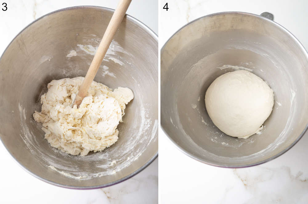 Roughly comined dough ingredients in a bowl. A ball of dough in a bowl.