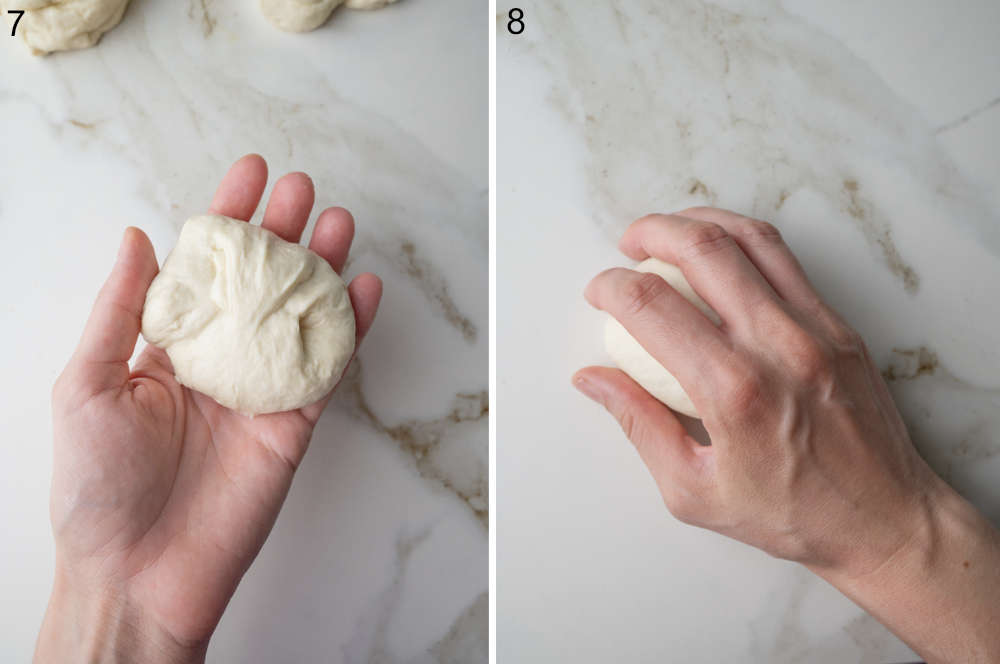 Two images showing how to shape a bread roll:
First, the dough is folded inwards while held in one hand.
Then, it's rolled into a smooth ball on the counter.