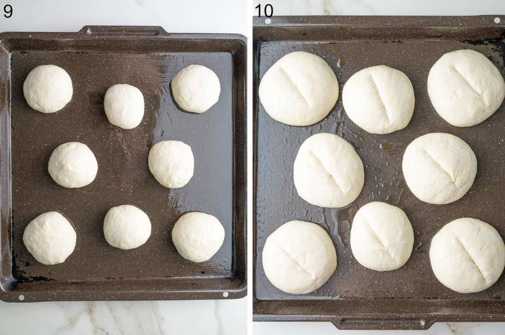 Two images showing Brötchen dough on a baking sheet:
On the left, round dough balls are spaced out before rising.
On the right, the risen dough has been scored with a knife and is ready for baking.