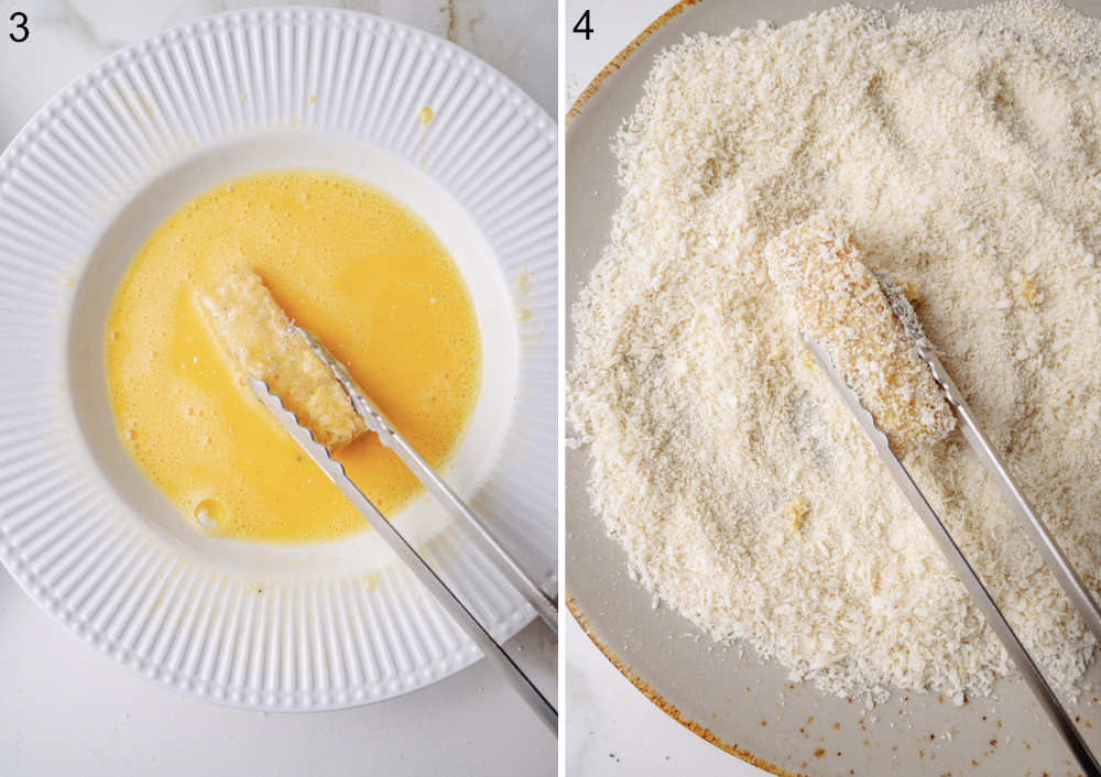 A breaded fish stick being dipped in a bowl of beaten eggs (labeled 3). Next to it, the same fish stick being coated in a breadcrumb mixture on a plate (labeled 4).