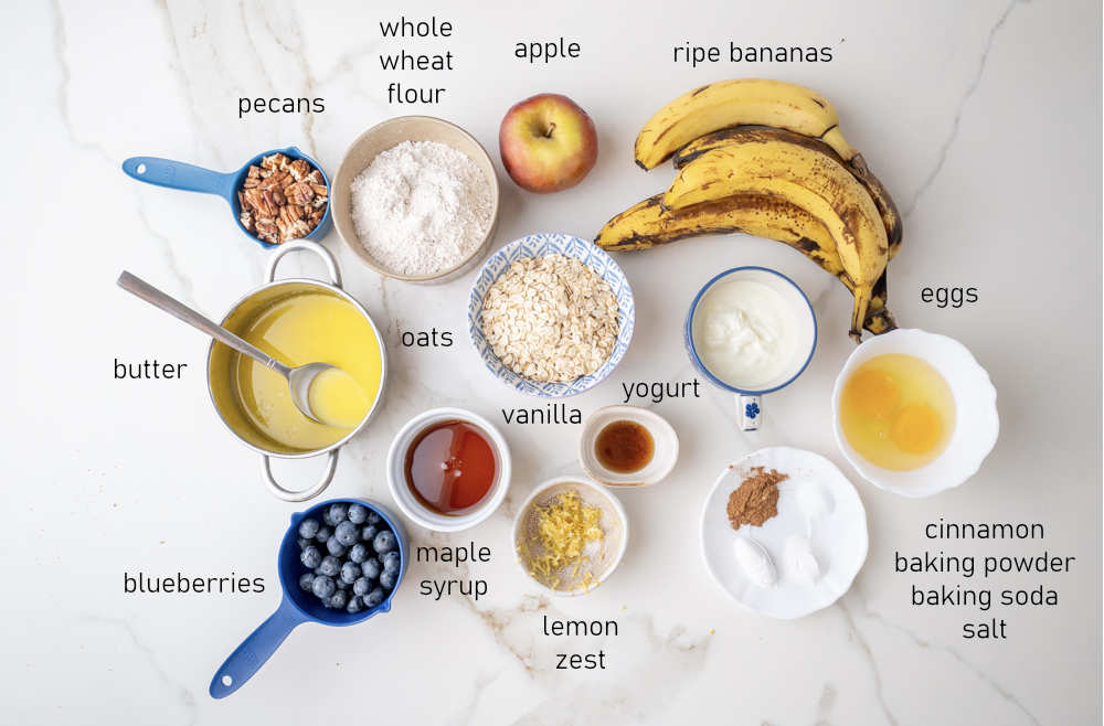 Labeled ingredients for healthy breakfast muffins.