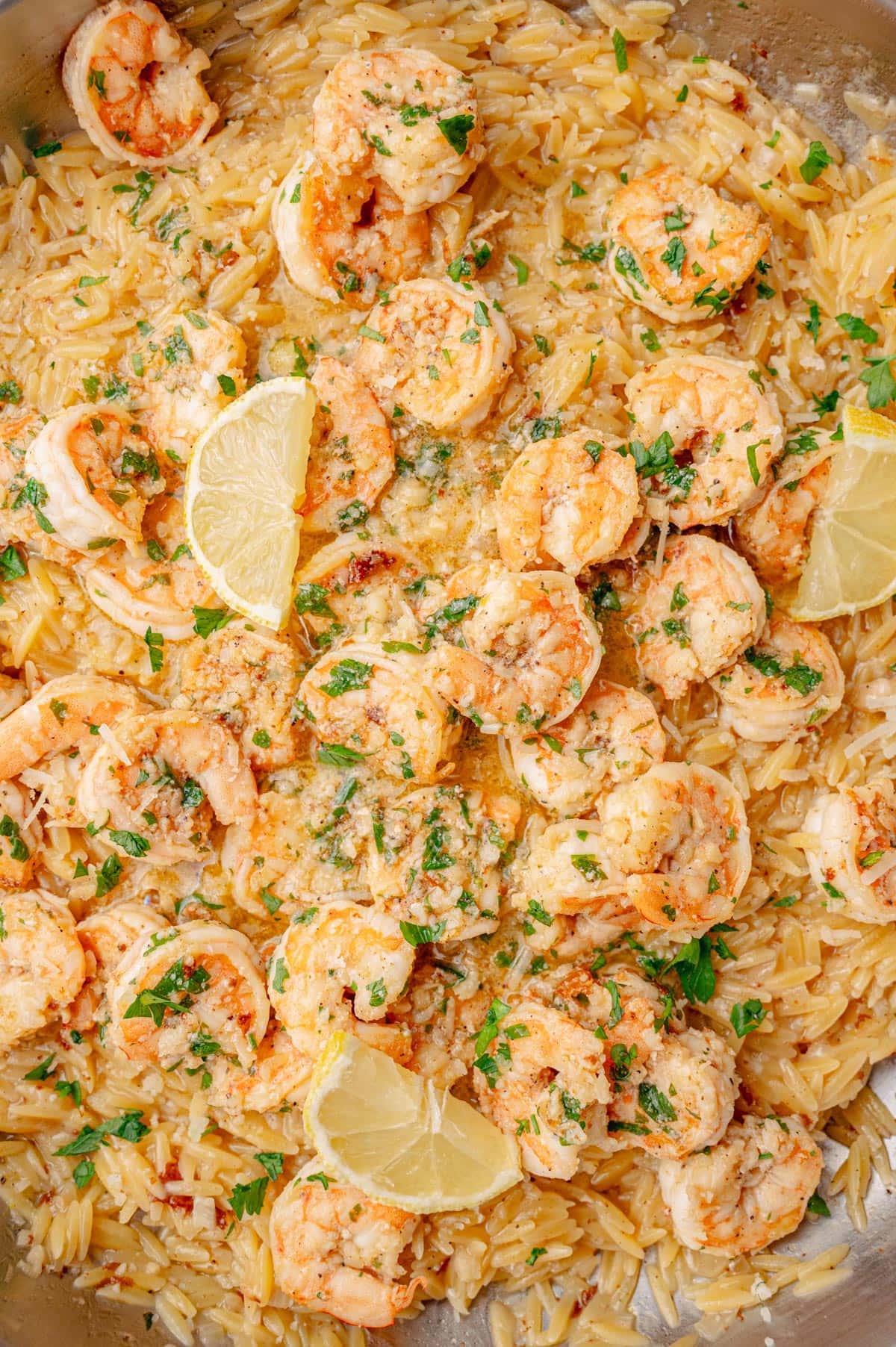 Close-up of shrimp scampi orzo in a skillet with melted parmesan, lemon slices, and chopped parsley.