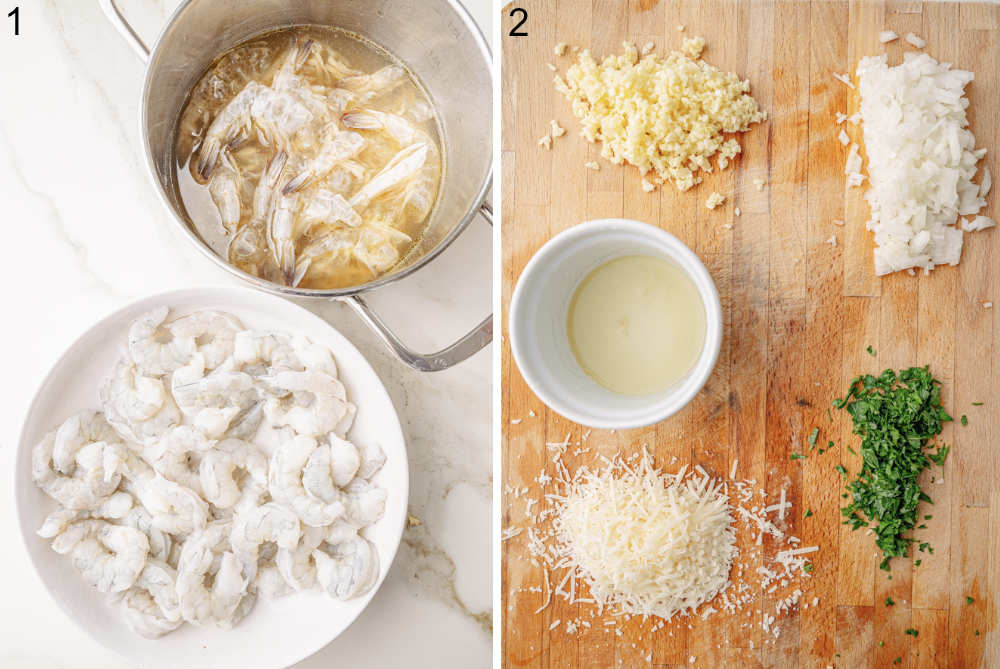 Left photo: Shrimp shells simmering in broth, peeled shrimp in a bowl.
Right photo: Chopped garlic, onion, parsley, lemon juice, and Parmesan on a cutting board.