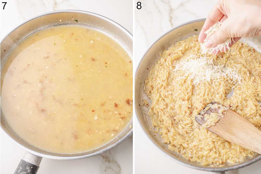 Left photo: Orzo simmering in broth in a skillet.
Right photo: Parmesan being added to creamy cooked orzo.