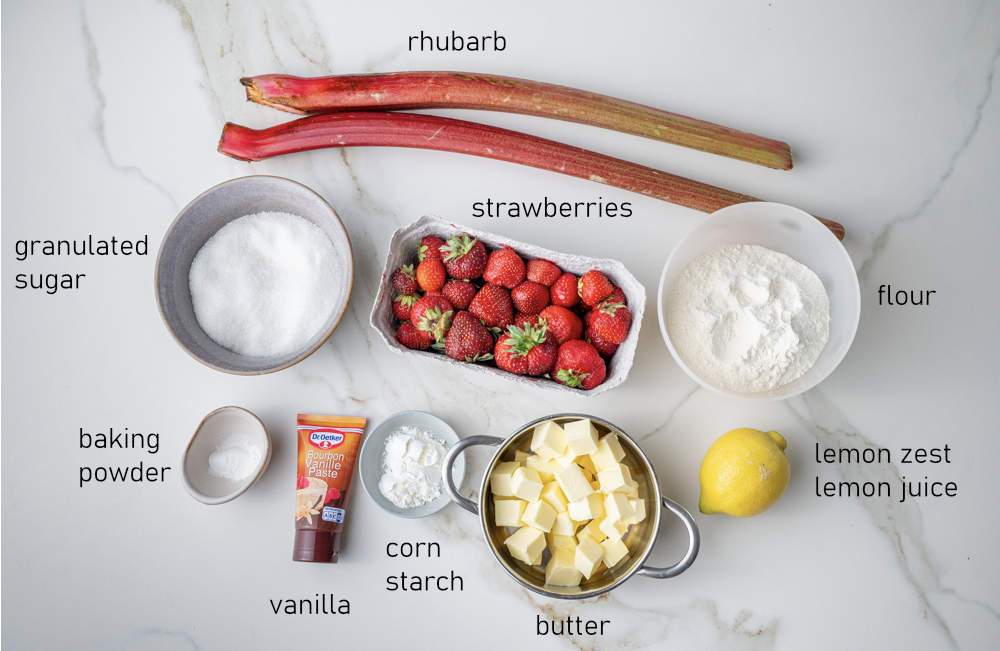 Labeled ingredients for strawberry rhubarb crumble.