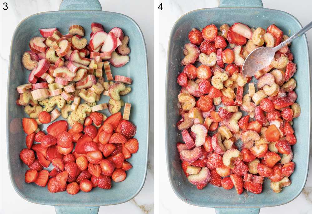 Photo on the left - sliced rhubarb and strawberries in a baking dish. Right photo - the fruit is mixed with sugar, lemon zest, lemon juice, cornstarch, and vanilla.