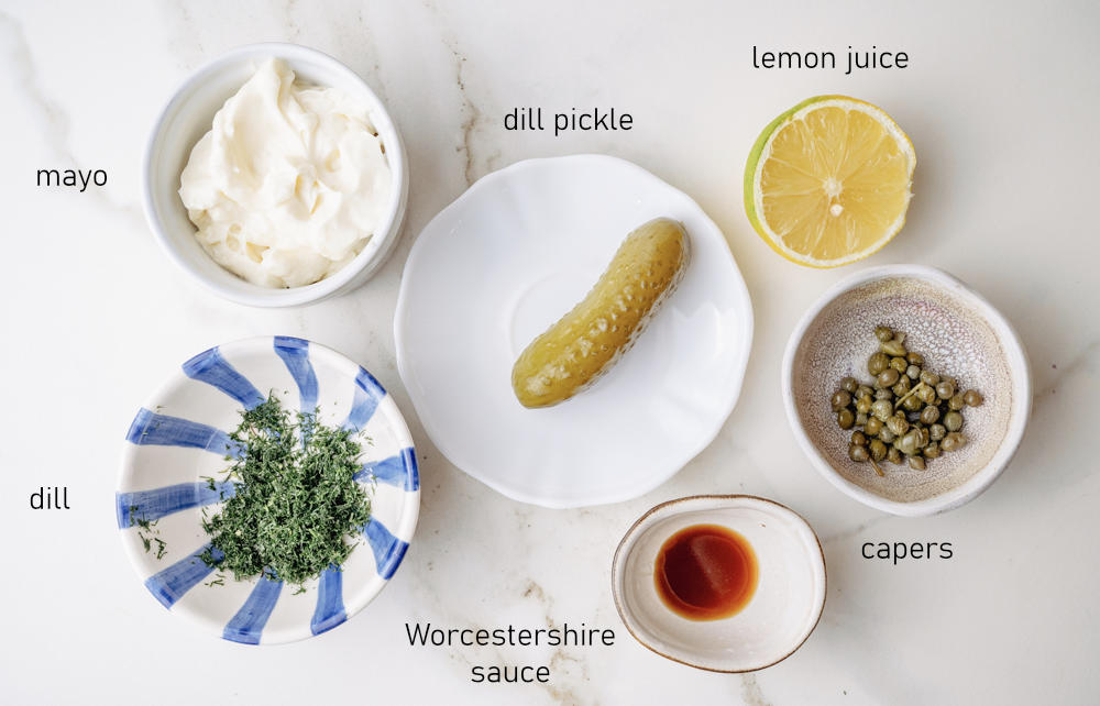 Labeled ingredients for tartar sauce.
