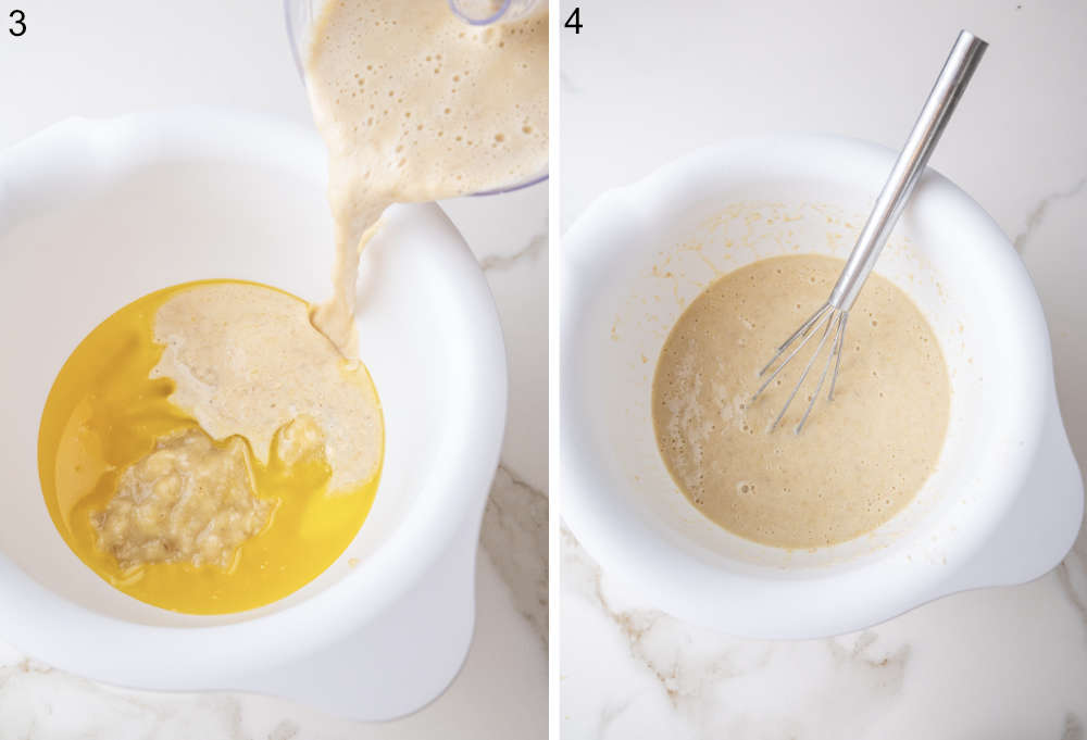 Blended wet mixture being poured into a bowl with mashed bananas and melted butter, followed by a whisked mixture.