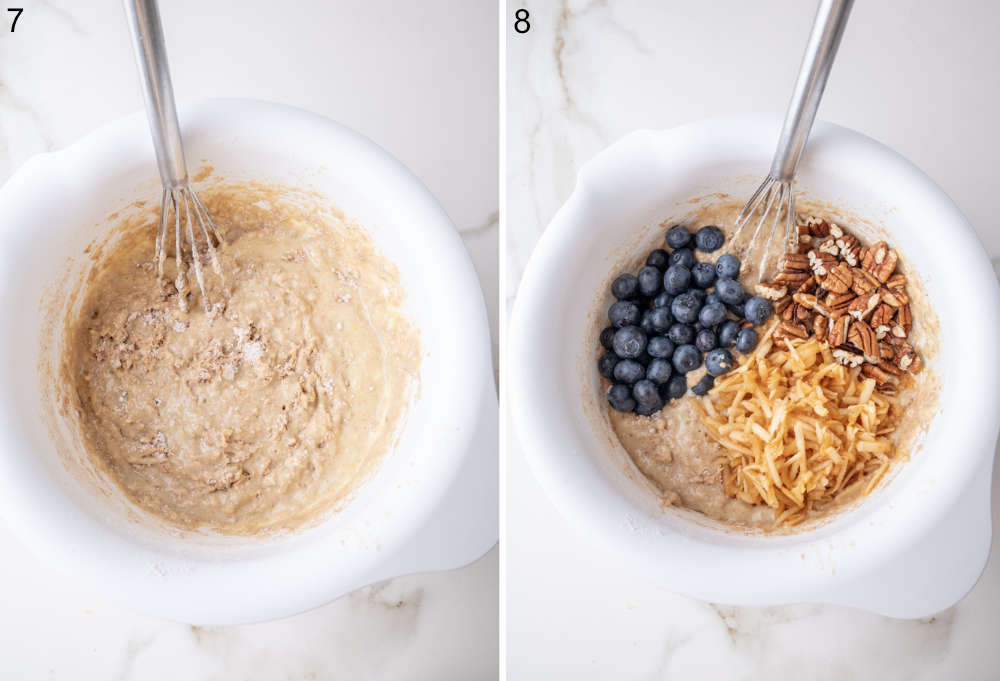 Fresh blueberries, chopped pecans, and grated apple added to the muffin batter.