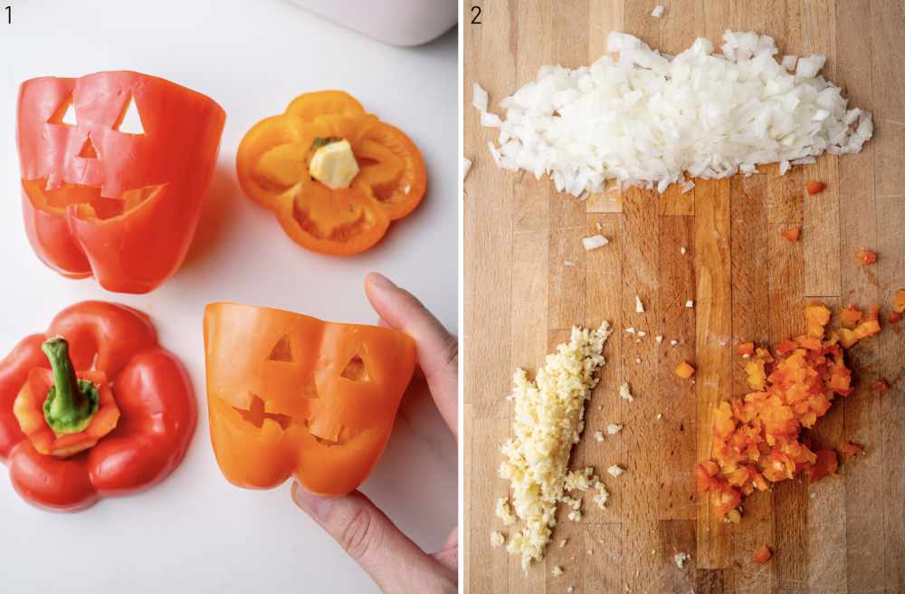 On the left carved jack-o'-lantern faces on peppers and on the right chopped veggies on a board
