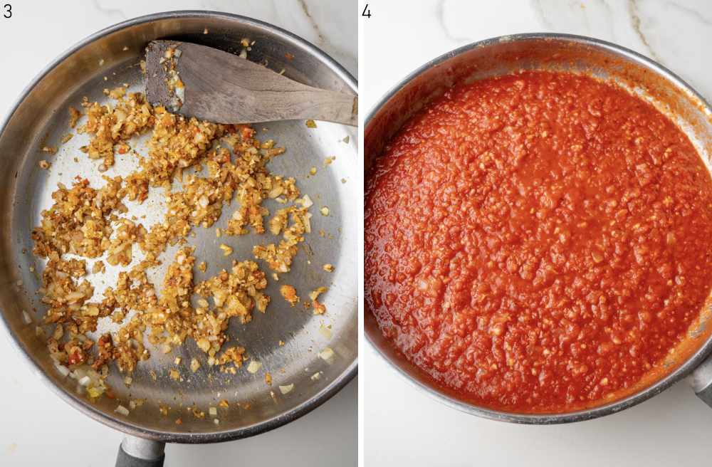 On the left sautéed onion garlic and spices and on the right tomato sauce cooking in a skillet.