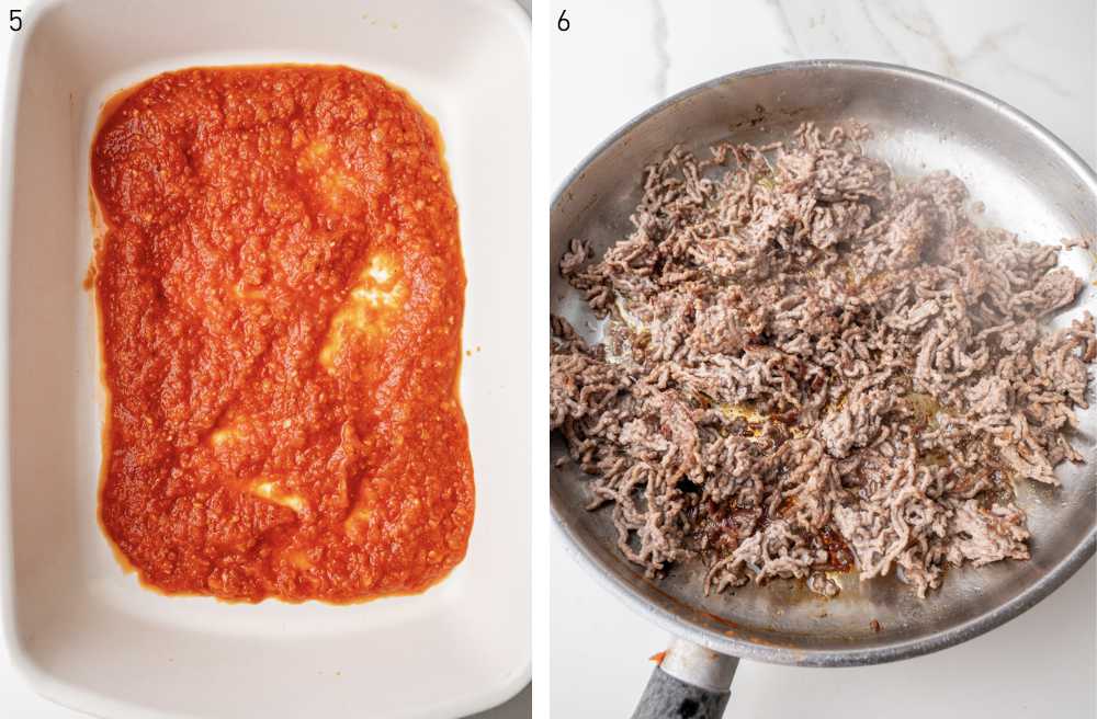 On the left tomato sauce spread in baking dish and on the right beef browning in a pan.
