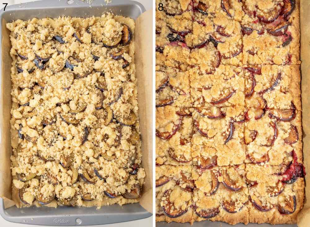 Left: unbaked German plum cake topped generously with buttery streusel; Right: baked plum cake cooled and cut into squares.