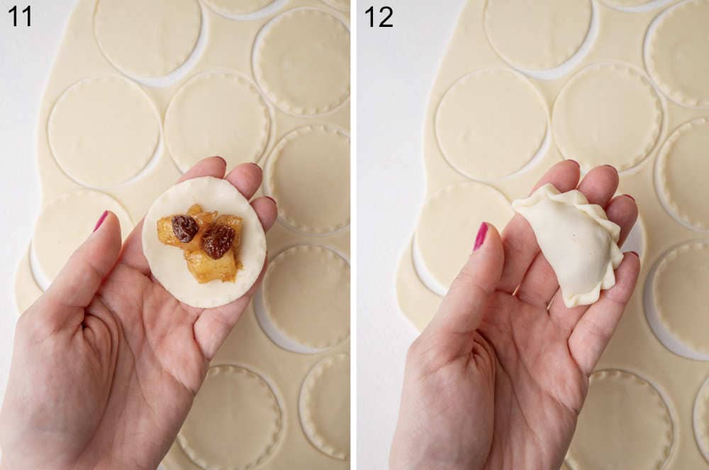 A dough round with a apple filling on top. A filling uncooked pierog held in a hand.