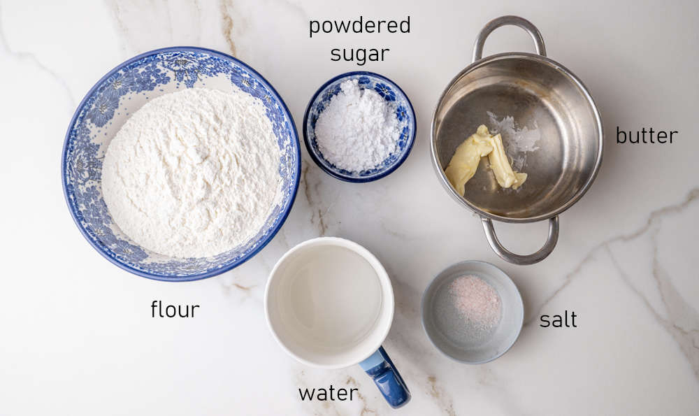 Labeled ingredients for pierogi dough.
