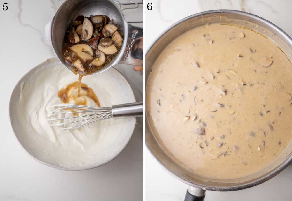 Hot broth is being added to sour cream in a bowl. Sour cream mushroom sauce in a frying pan.
