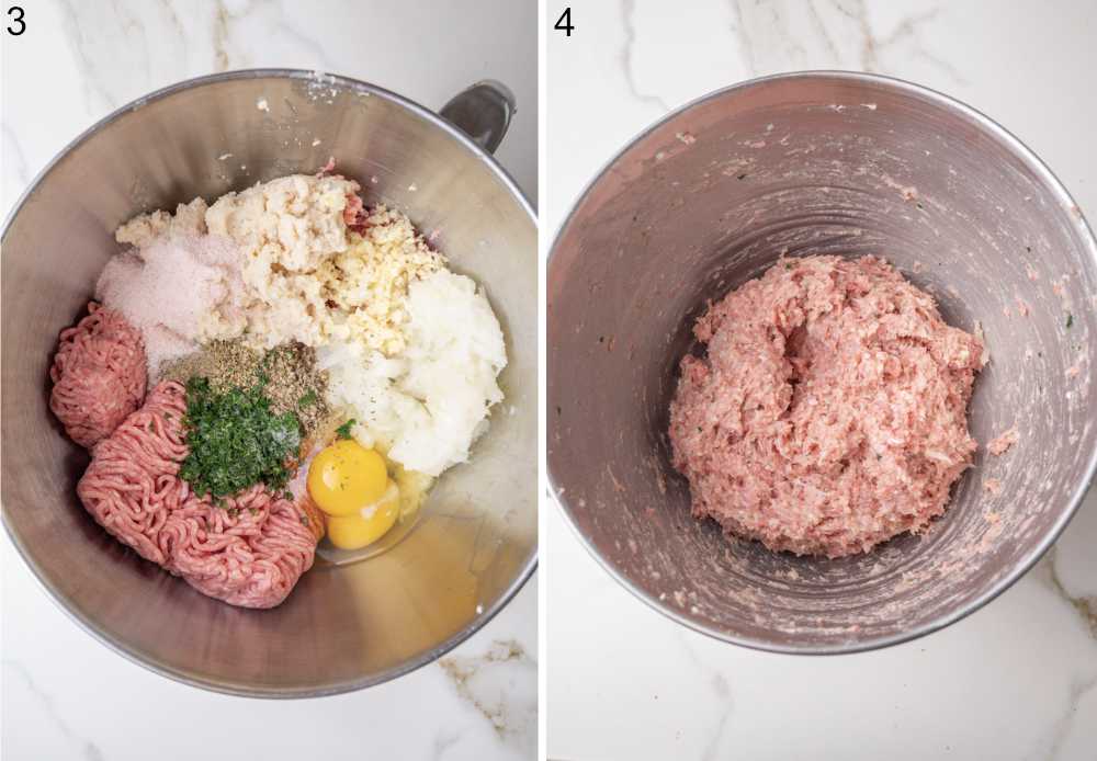 Ingredients for meatballs in a bowl. Mixture for meatballs in a metal bowl.